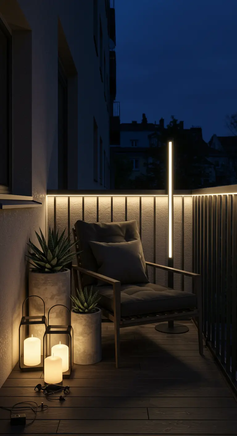 Balcon minimaliste avec chaise lounge, plantes en pots et éclairage LED linéaire vertical.