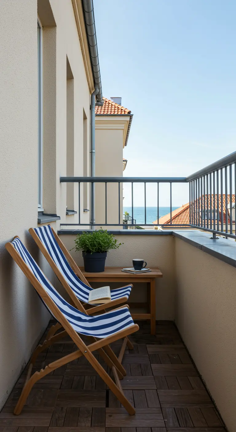 Deux transats pliants rayés bleu et blanc, petite table en bois, plante, livre sur un petit balcon.