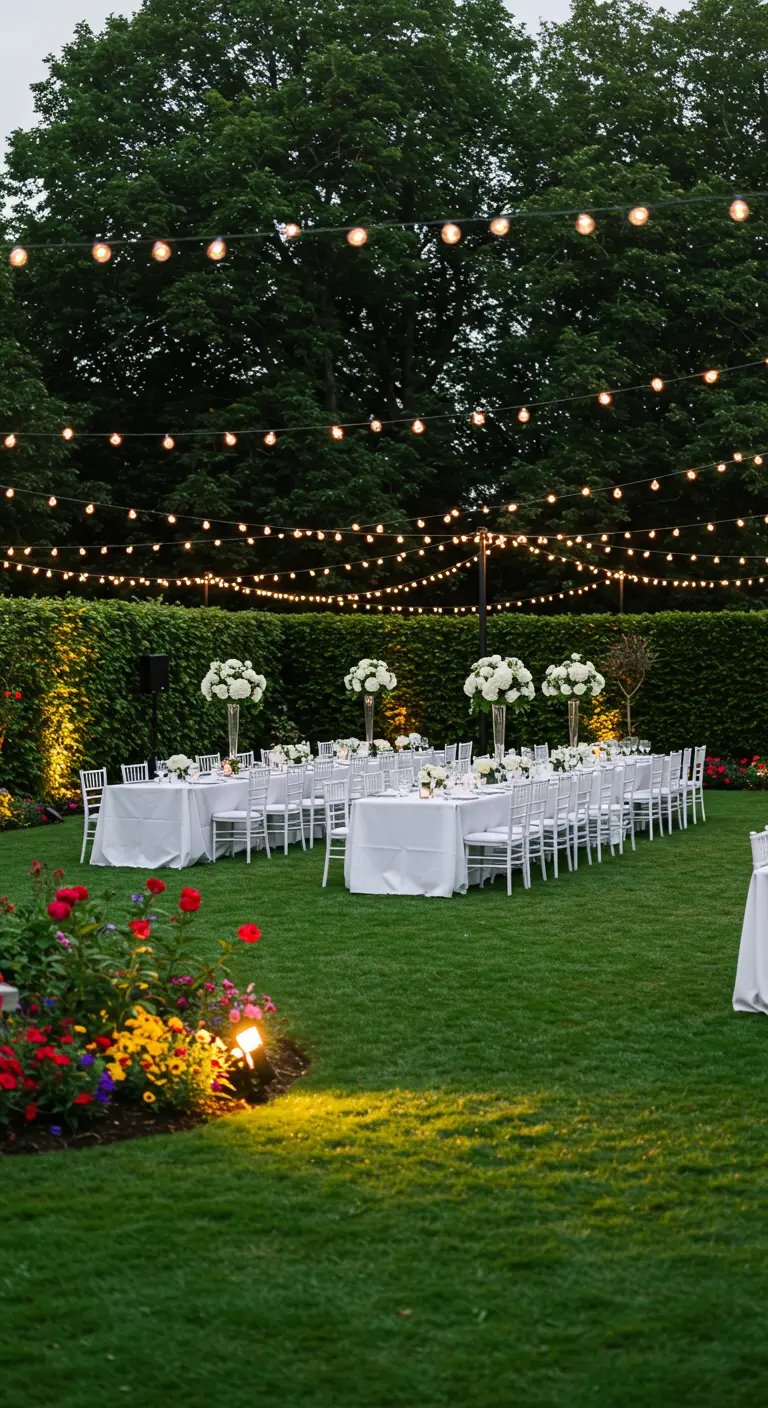 Réception de jardin élégante avec longues tables blanches, centres de table floraux et guirlandes lumineuses.