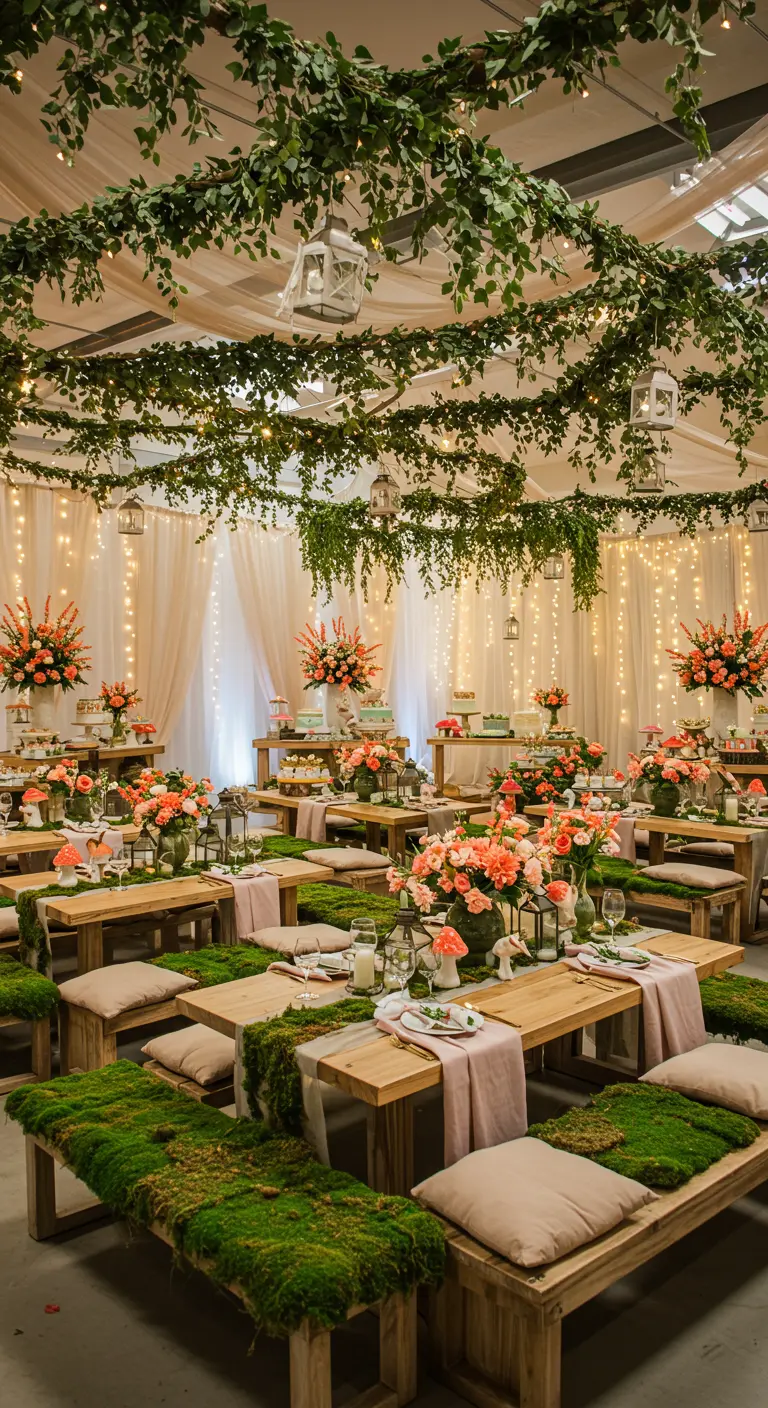 Grande salle de réception avec un plafond végétalisé, tables en bois, bancs recouverts de mousse et compositions florales corail et menthe.