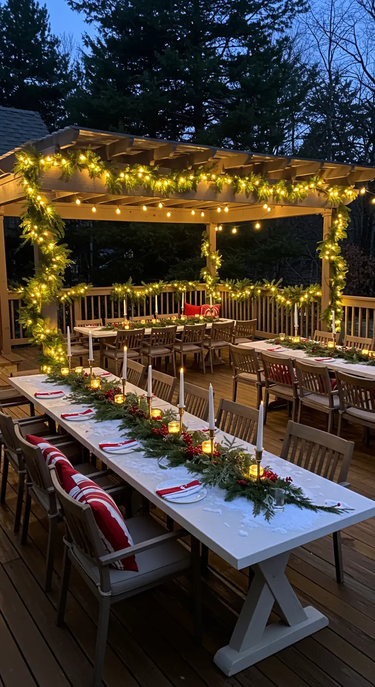 Grande terrasse avec tables sous pergola décorée de guirlandes lumineuses et centres de table.