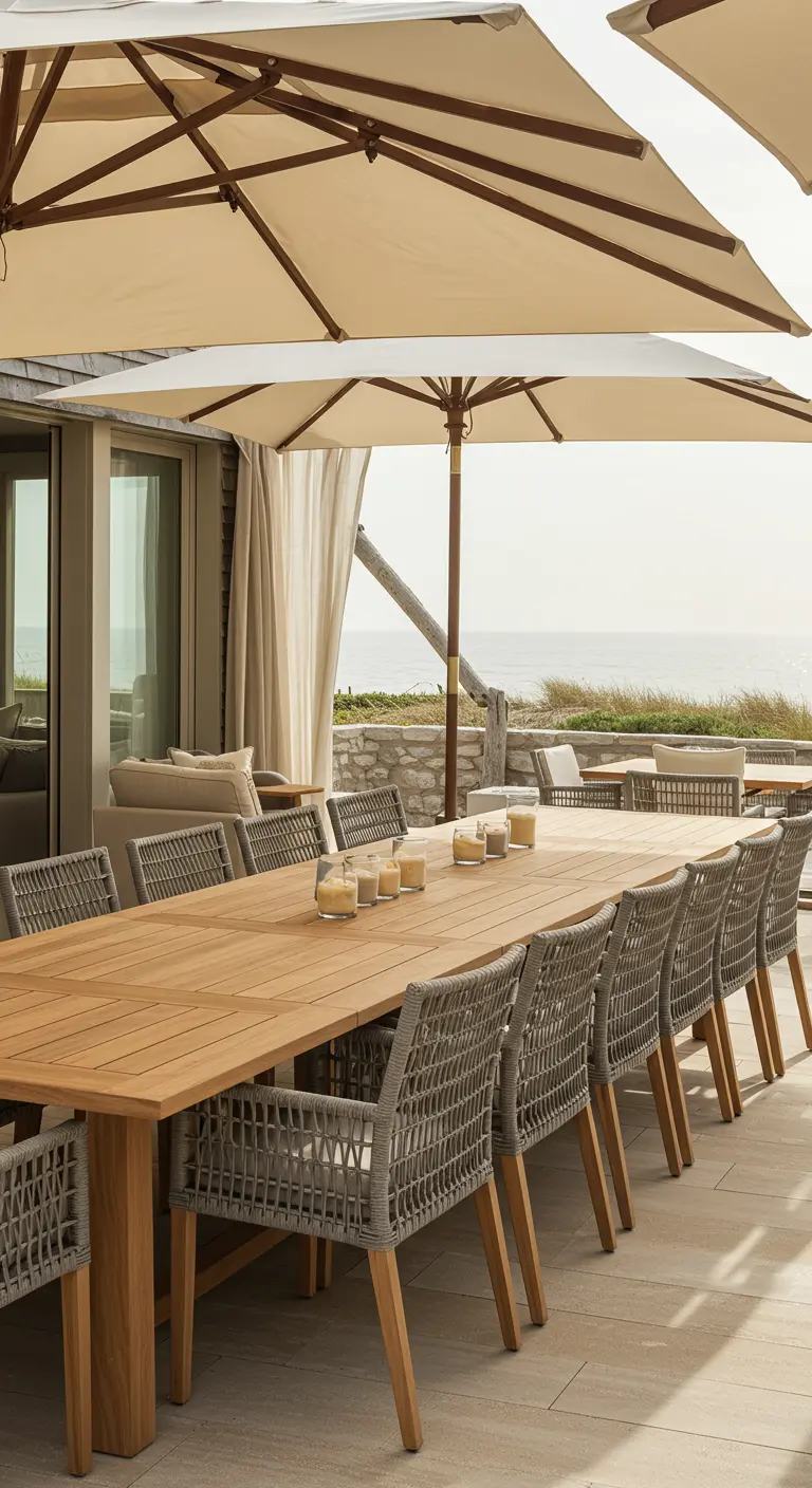 Grande table en teck, chaises tressées grises, parasols écrus sur une vaste terrasse ensoleillée.