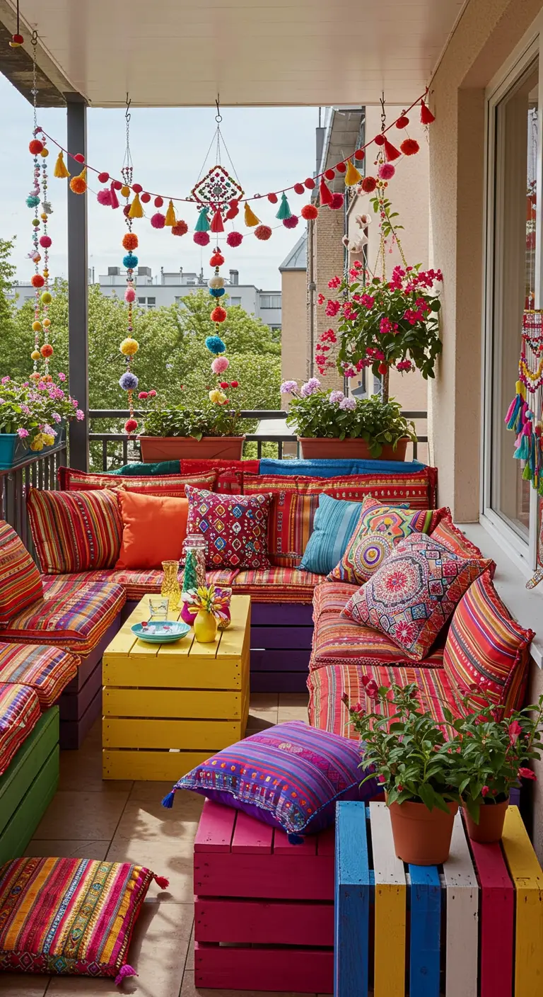 Balcon coloré avec mobilier en palettes peintes, coussins vifs et guirlandes de pompons.