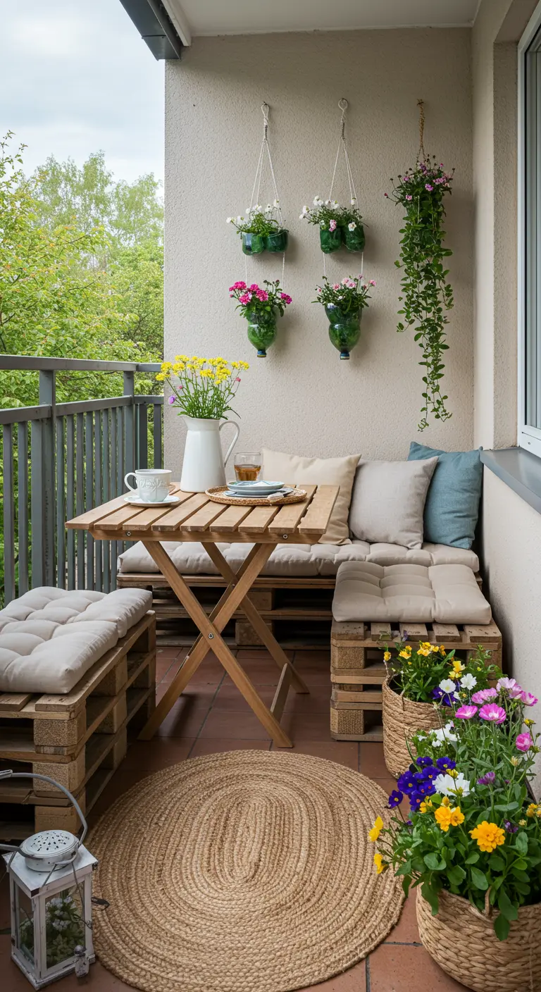 Balcon avec mobilier DIY en palettes, coussins beige, tapis rond en jute et fleurs colorées.