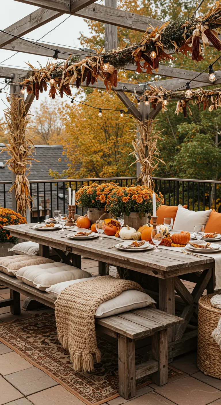 Terrasse d'automne avec gerbes de maïs, chrysanthèmes oranges, citrouilles et guirlandes lumineuses.