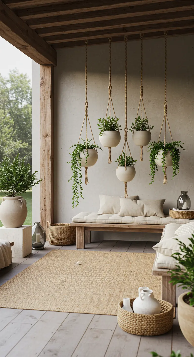 Patio contemporain avec banc minimaliste, pots blancs suspendus de plantes vertes et tapis en jute.