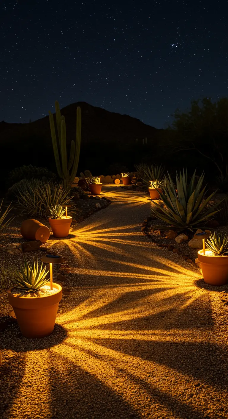 Chemin désertique éclairé par des spots solaires placés dans des pots avec plantes grasses, créant des motifs lumineux.