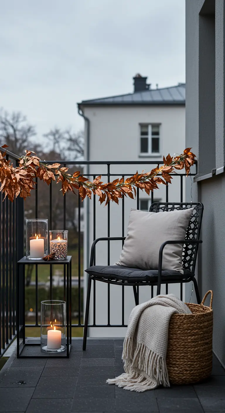 Balcon minimaliste avec chaise, table d'appoint, lanternes, bougies, plaid et guirlande de feuilles cuivrées.
