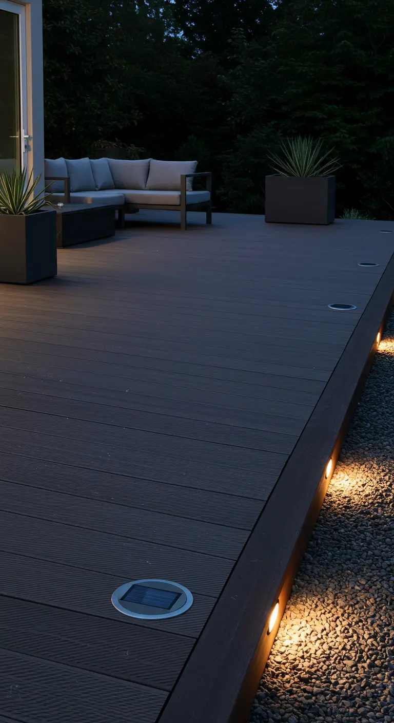 Terrasse en bois sombre avec spots solaires ronds intégrés et éclairage le long de la bordure en gravier.