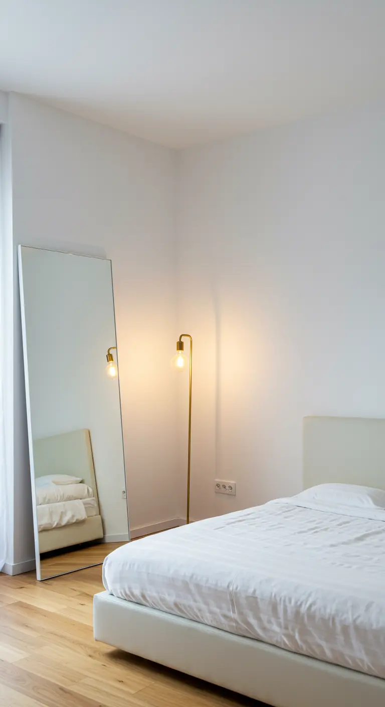 Grand miroir au sol reflétant un lampadaire minimaliste en laiton, dans une chambre blanche.