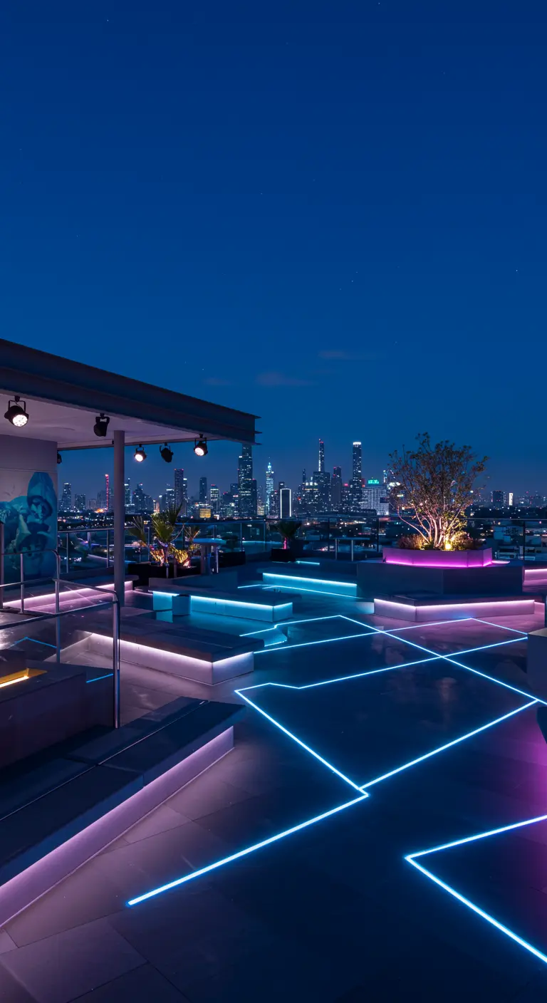 Terrasse urbaine moderne avec des lignes lumineuses LED bleues et roses sur le sol et les structures, vue sur la ville.