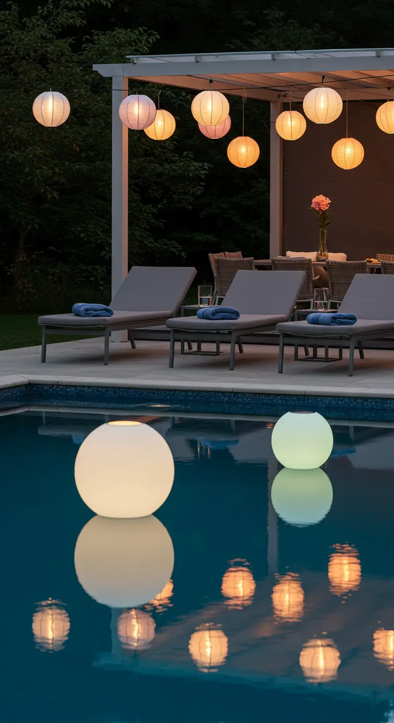 Bord de piscine avec chaises longues, lampions suspendus et lanternes flottantes.