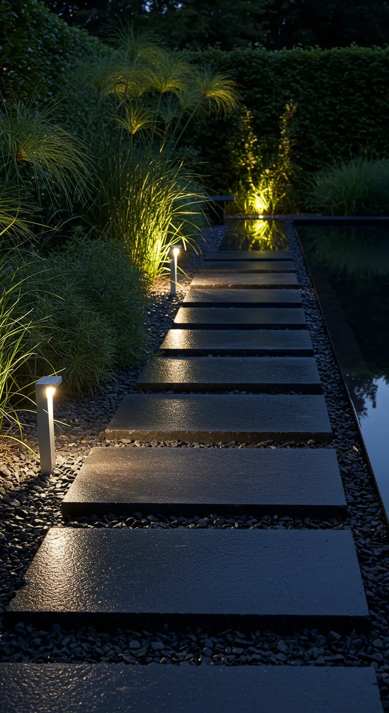 Chemin de dalles sombres longeant un bassin, éclairé par de petites bornes lumineuses modernes.