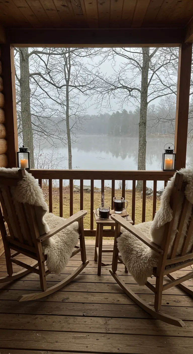 Porche avec chaises à bascule en peau de mouton et vue sur un lac brumeux.