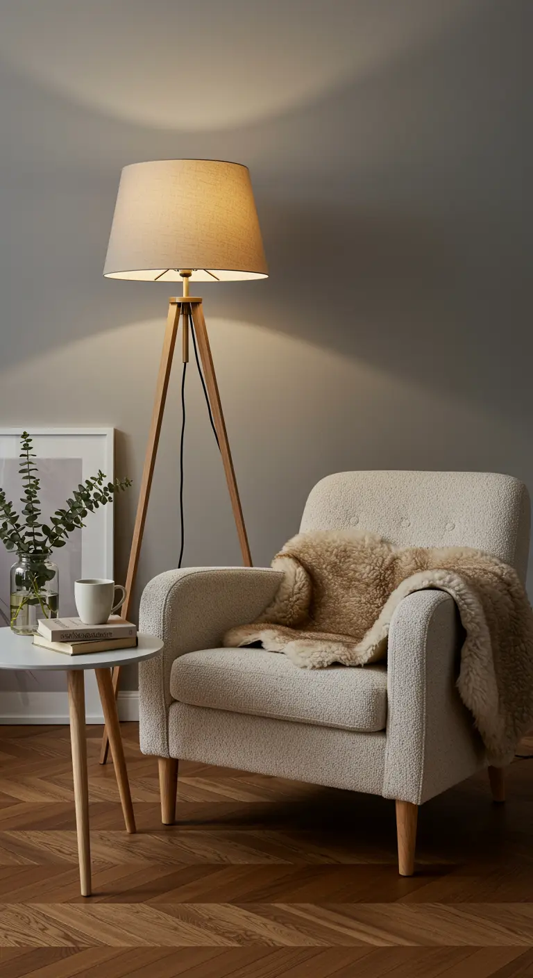 Fauteuil bouclette crème avec peau de mouton, table d'appoint bois et lampadaire trépied, ambiance douce.