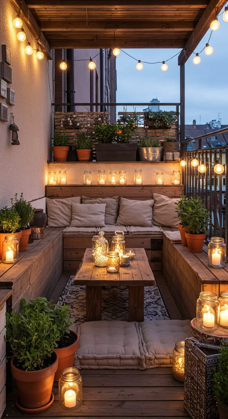 Balcon en bois avec banquettes, table, étagères, bocaux de bougies, guirlande.