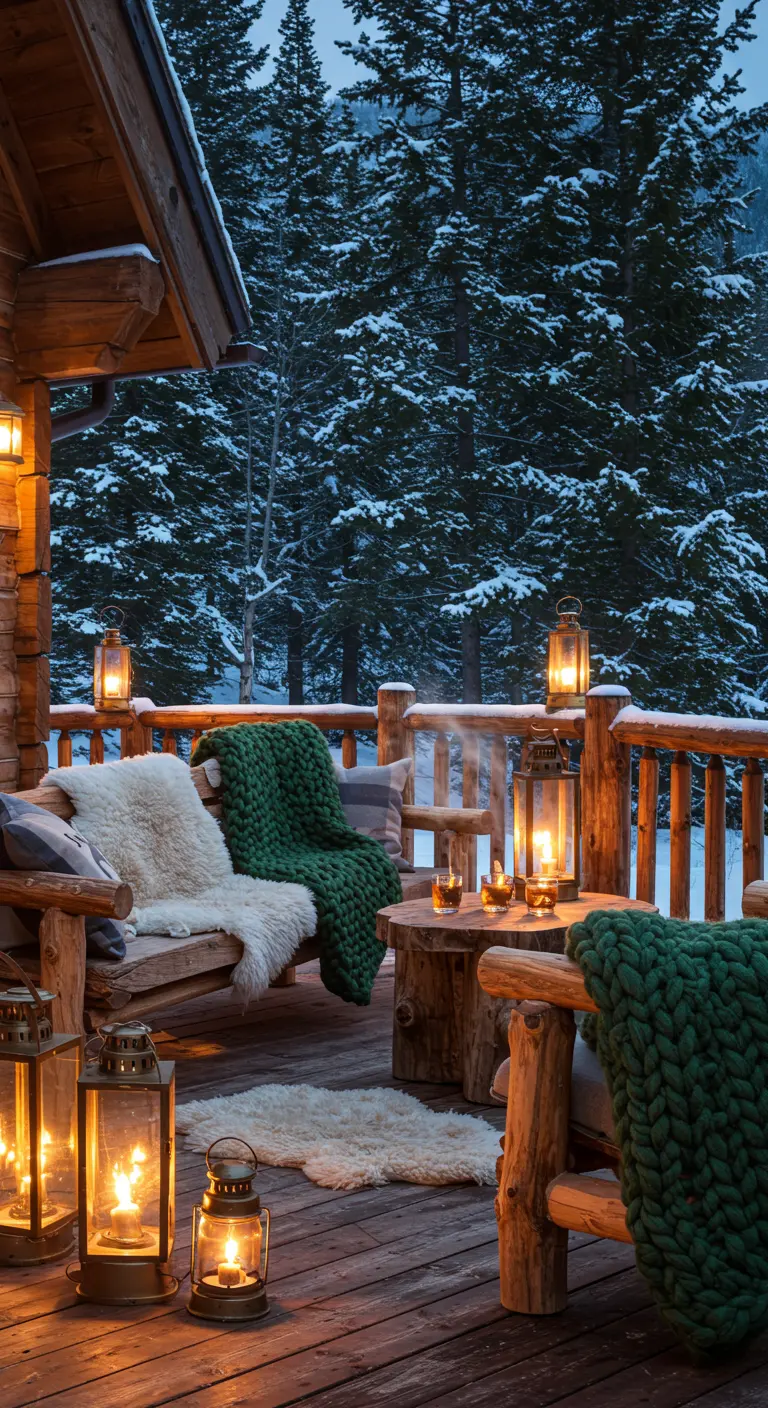Porche de chalet enneigé avec plaids verts, peaux de mouton et lanternes.