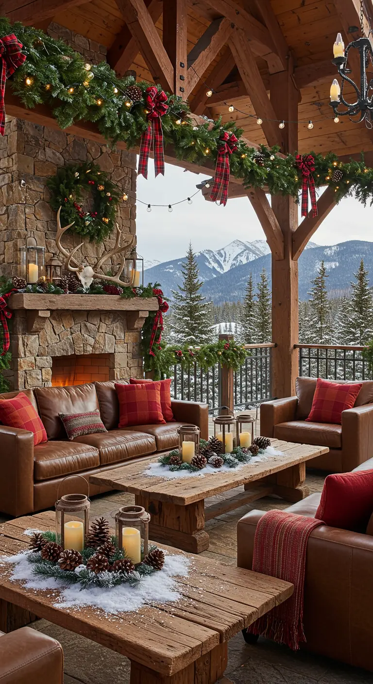 Terrasse de chalet de montagne avec cheminée, canapés en cuir, et décor de Noël rustique.