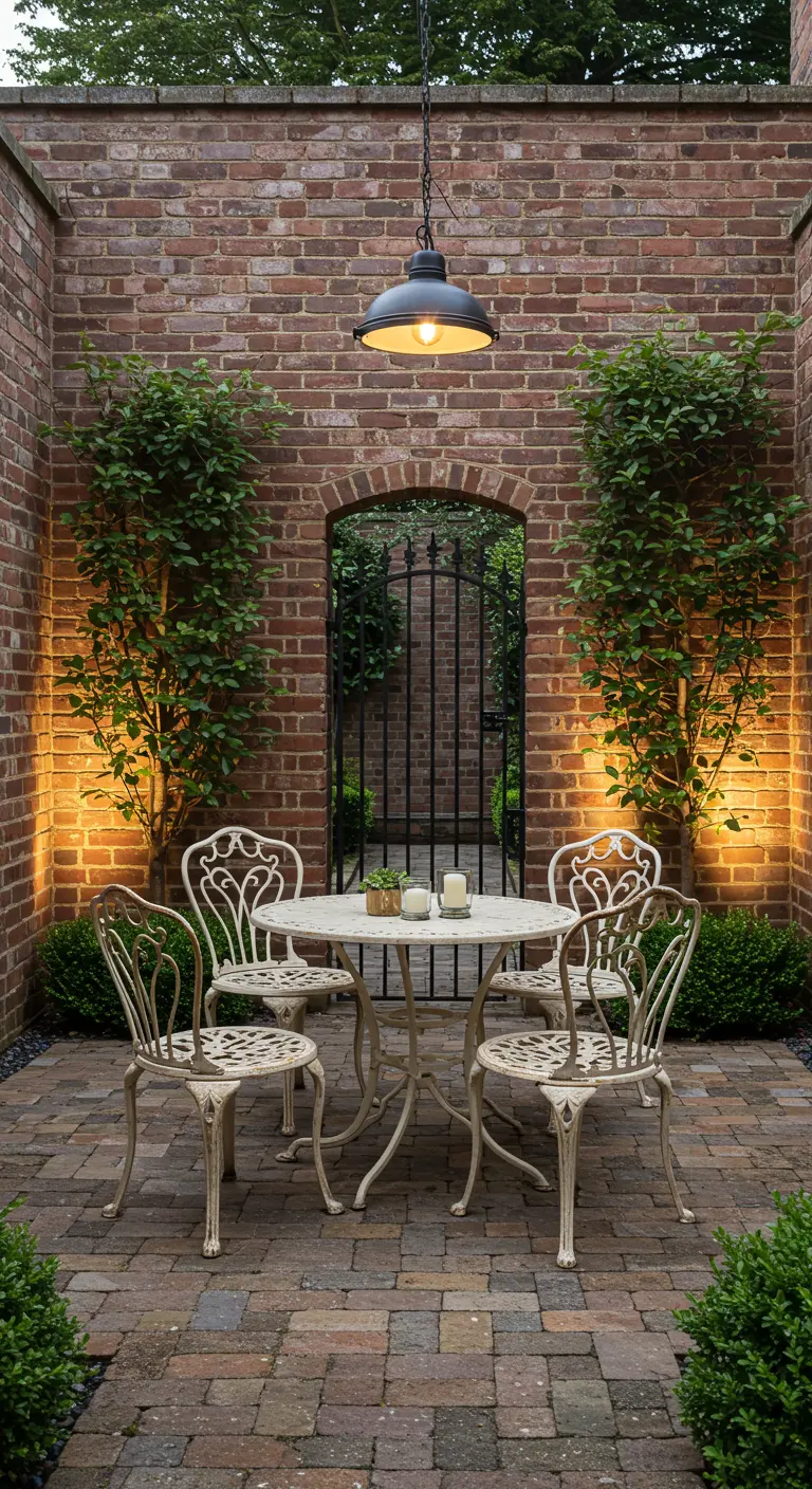 Cour en briques avec table et chaises en fer forgé blanc, éclairage d'ambiance et arche.