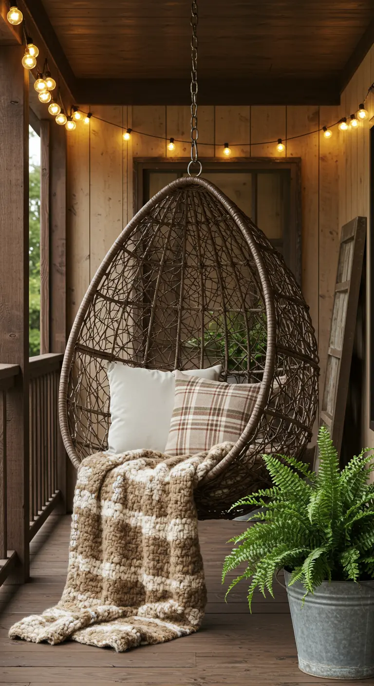 Fauteuil œuf en osier sur un porche en bois, plaid à carreaux, guirlandes lumineuses, fougère.