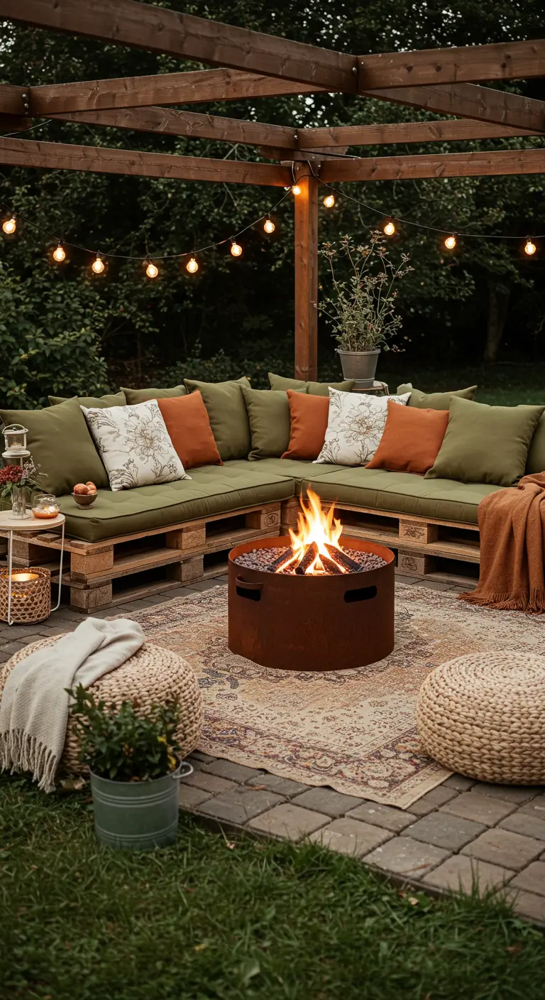 Salon de jardin rustique en palettes, coussins verts, foyer en métal, tapis bohème et lumières.