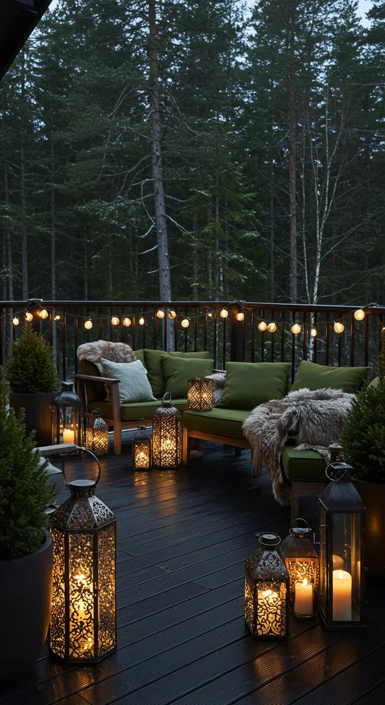 Terrasse en bois dans un environnement boisé, avec canapé vert, plaids et lanternes décoratives.