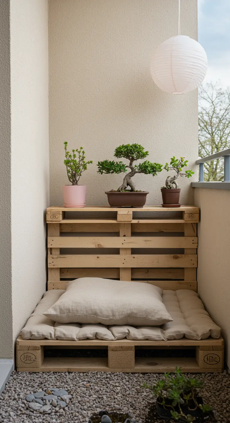 Balcon zen avec un sommier en palettes, futon, trois bonsaïs et une lanterne en papier suspendue sur un sol de galets.