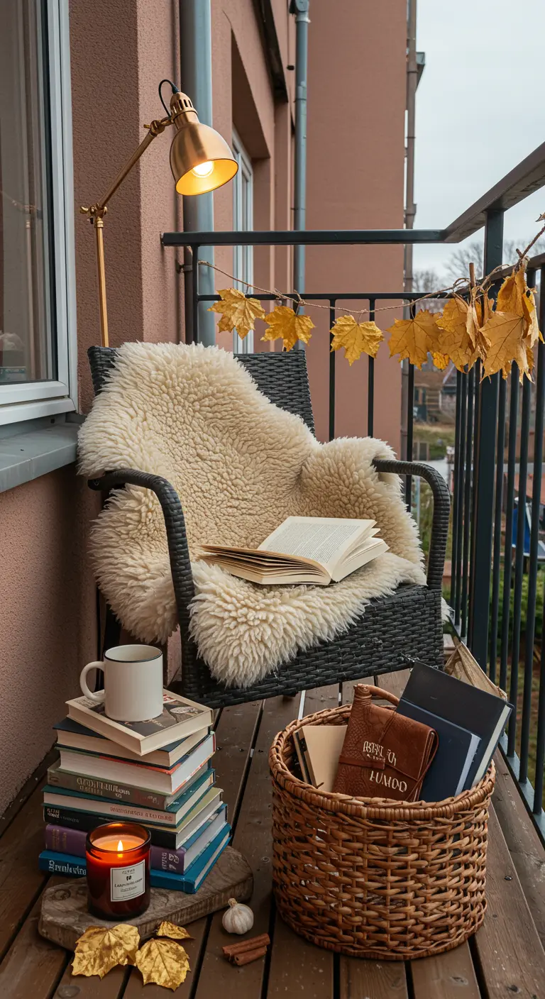 Balcon de lecture avec fauteuil, peau de mouton, pile de livres, lampe sur pied dorée, bougie et feuilles.