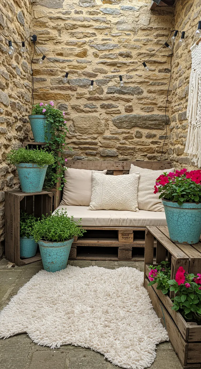 Terrasse intime avec canapé palettes, tapis shaggy, pots bleus craquelés et guirlande lumineuse.