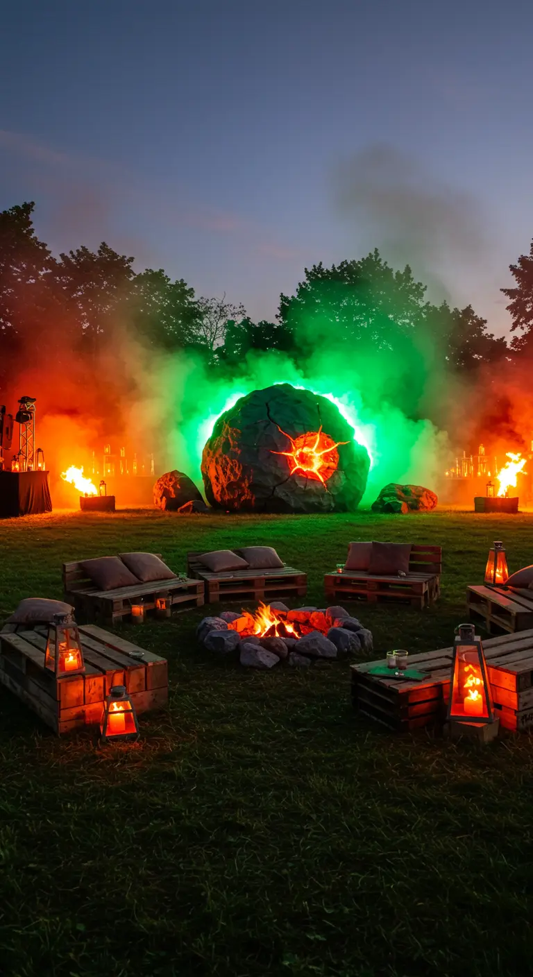 Extérieur nocturne avec une roche lumineuse, fumée colorée, feux de camp et sièges en palettes.