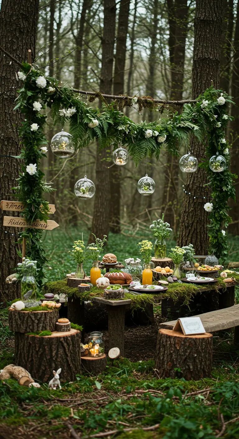 Table basse recouverte de mousse et rondins de bois pour un repas de Pâques dans une forêt enchantée.