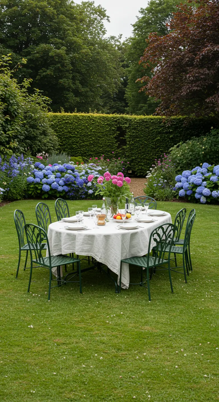 Table à manger ovale avec chaises en fer forgé vert sur une pelouse, entourée d'hortensias.