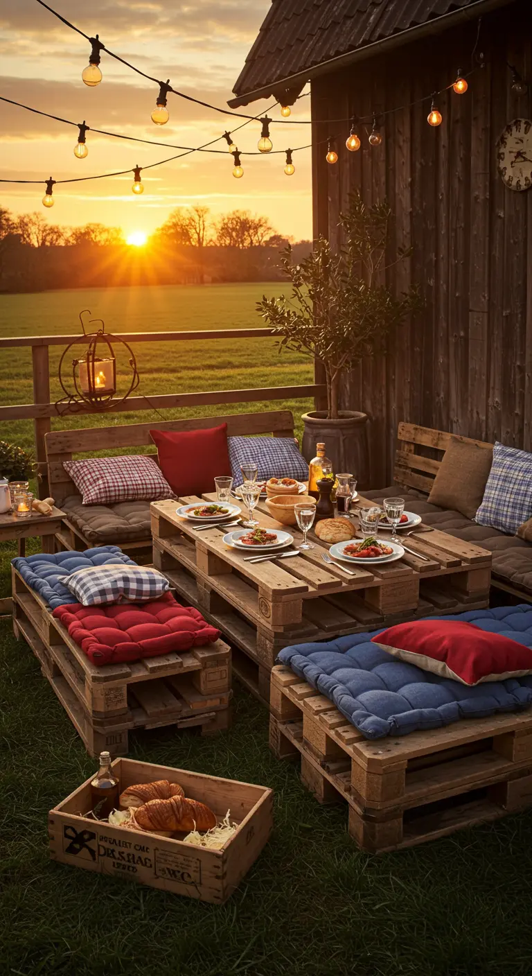 Salle à manger extérieure en palettes avec coussins écossais et unis, guirlandes lumineuses et olivier en pot.