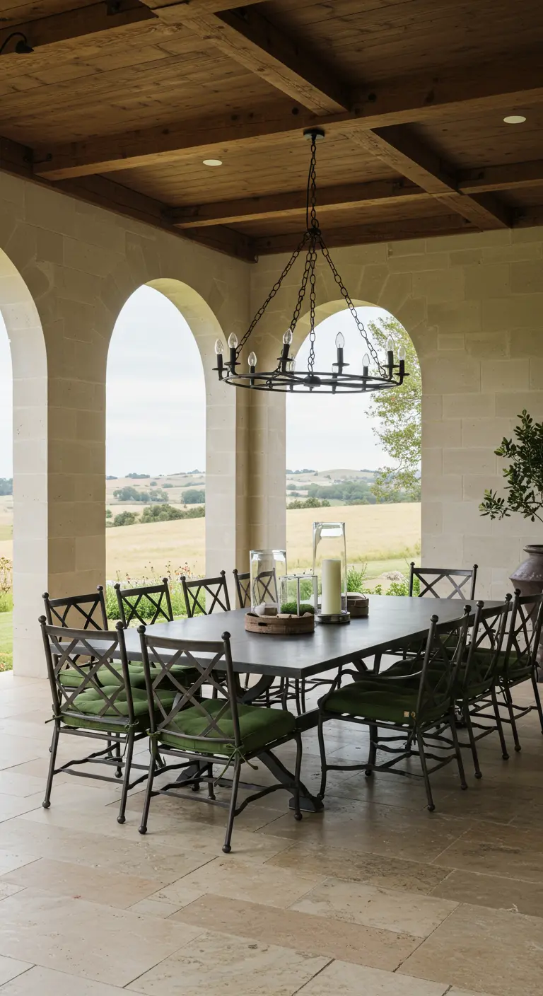 Zone repas extérieure couverte avec table en fer forgé noir, chaises à coussins verts, vue campagne.