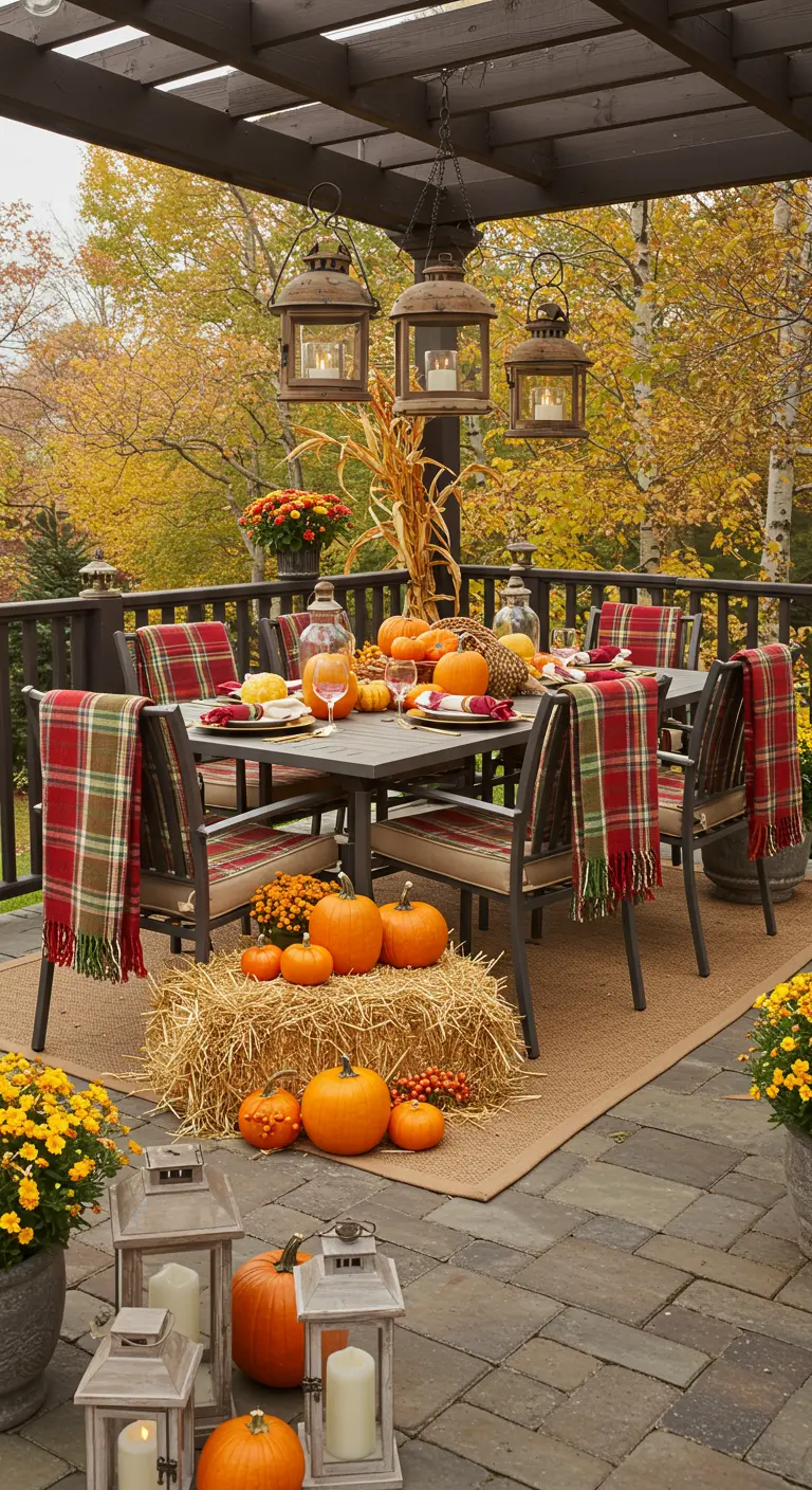 Grande table à manger sur une terrasse en bois, plaids tartan, lanternes suspendues, bottes de foin et citrouilles.