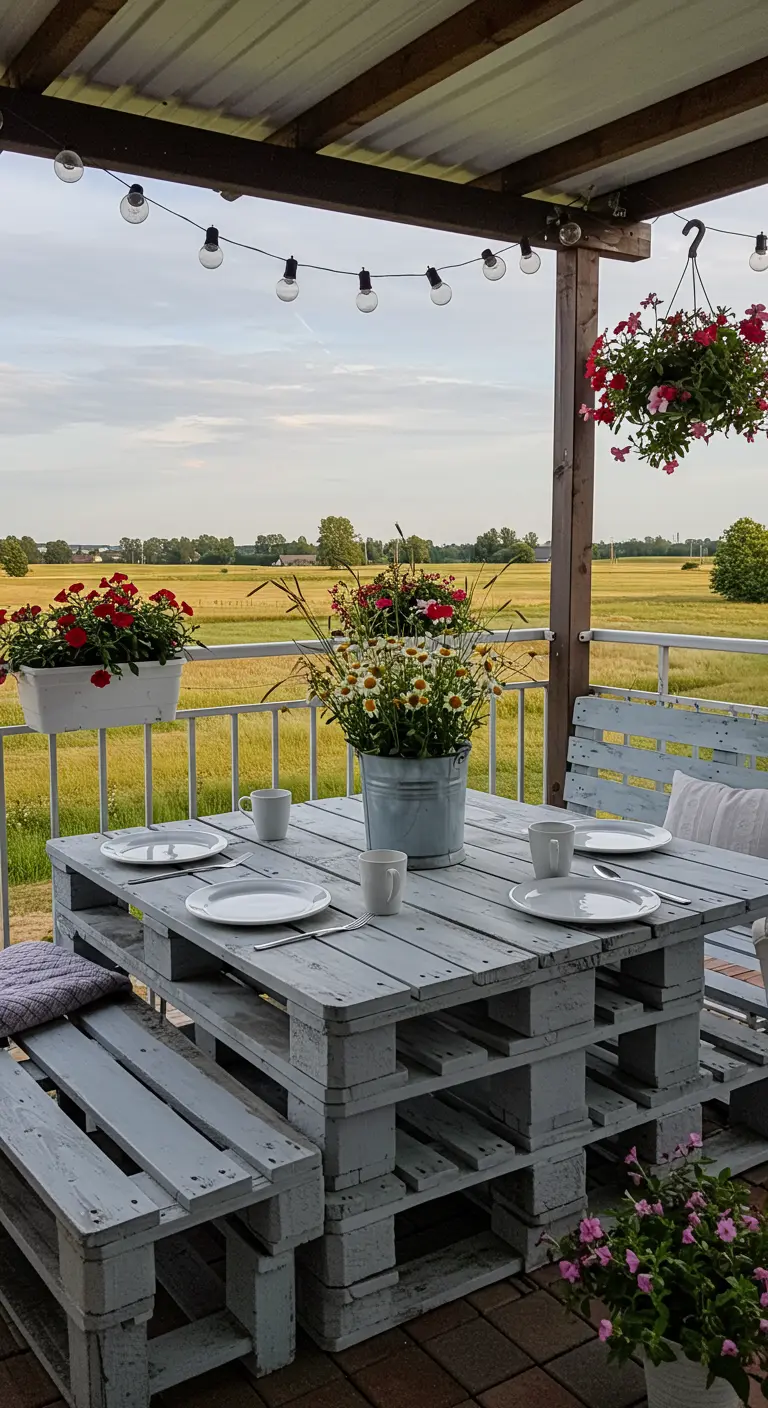 Balcon aménagé avec une table et des bancs en palettes grises, des fleurs et des guirlandes lumineuses, vue sur les champs.