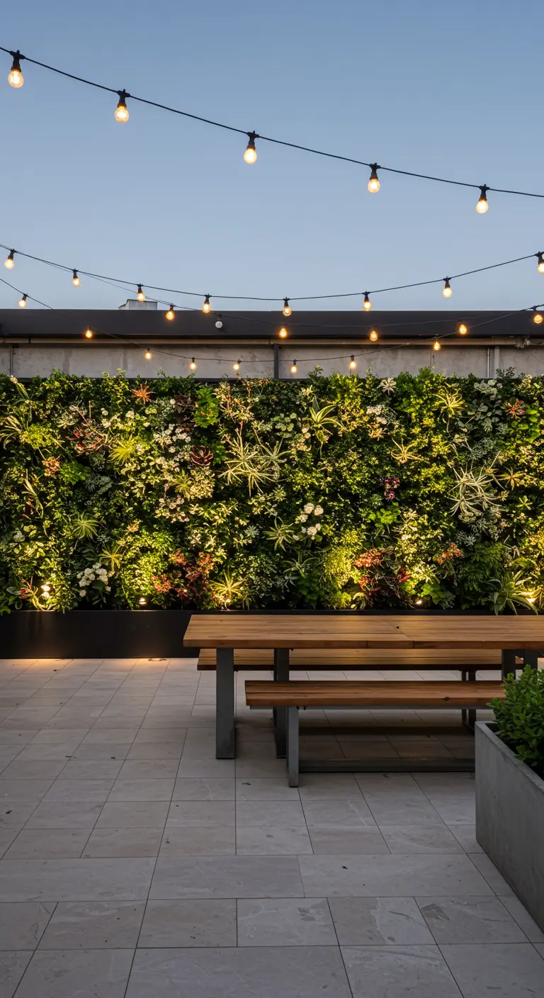 Grand mur végétal de succulentes, spots, guirlandes lumineuses et table de pique-nique en bois.