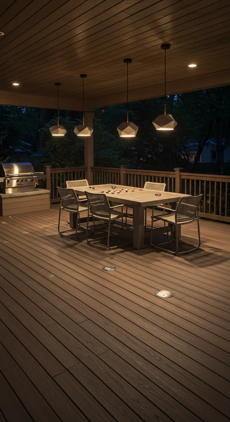 Terrasse moderne avec suspensions géométriques, spots encastrés et table repas en bois.