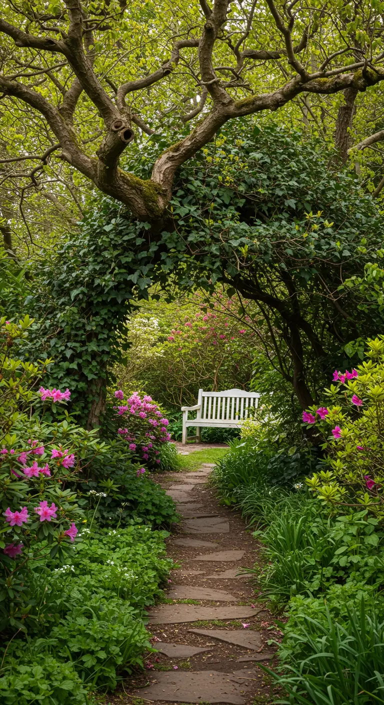 Allée de pierres sous une arche de lierre luxuriante, bordée de rhododendrons roses et un banc blanc.