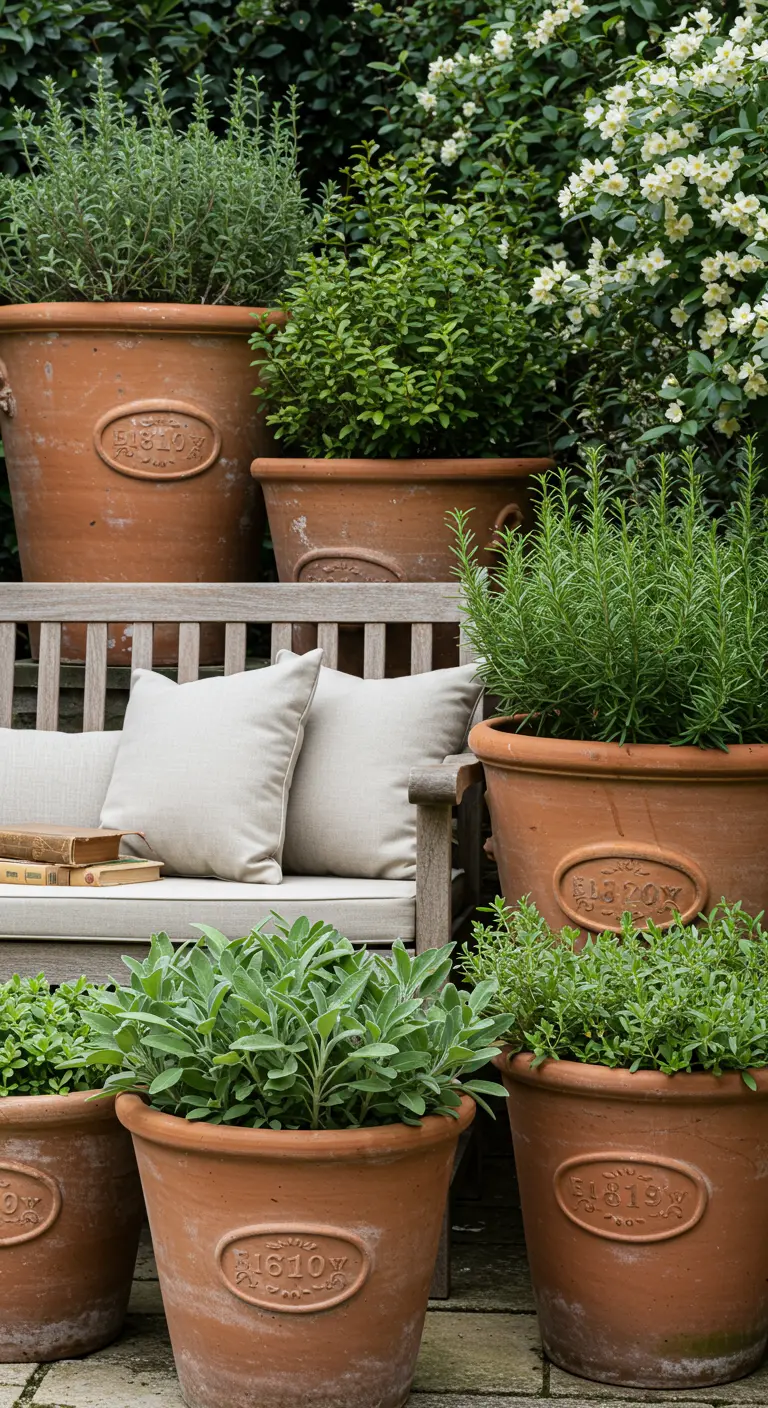 Banc de jardin entouré de grands pots en terre cuite avec romarin et sauge.