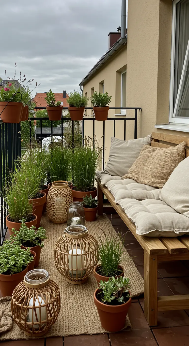 Balcon nature avec banquette en bois, coussins neutres, graminées en pots et lanternes en rotin.