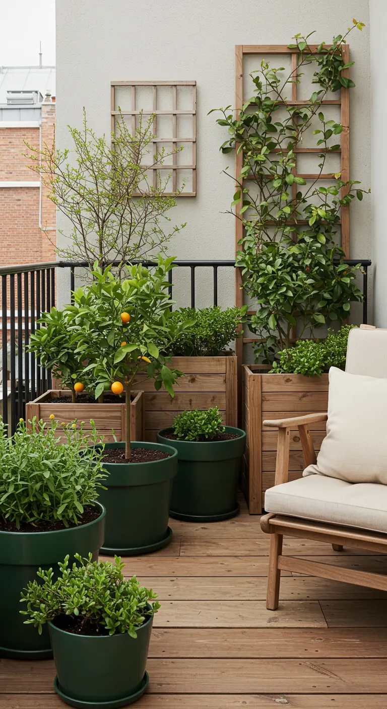 Balcon en bois avec des pots vert olive et des caisses en bois, arbres fruitiers et plantes.