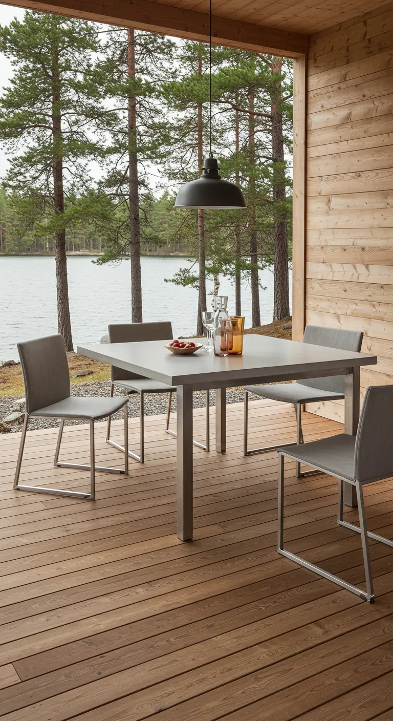 Table carrée en béton et chaises rembourrées sur une terrasse en bois, vue lac et forêt.