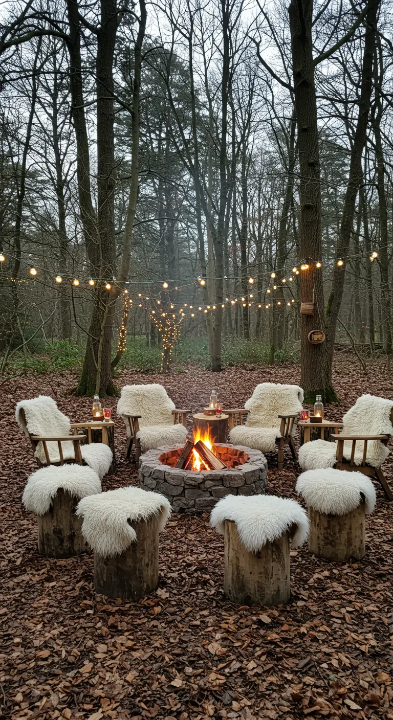 Coin feu en forêt avec brasero en pierre, chaises et tabourets en bois avec fourrure, guirlandes lumineuses.