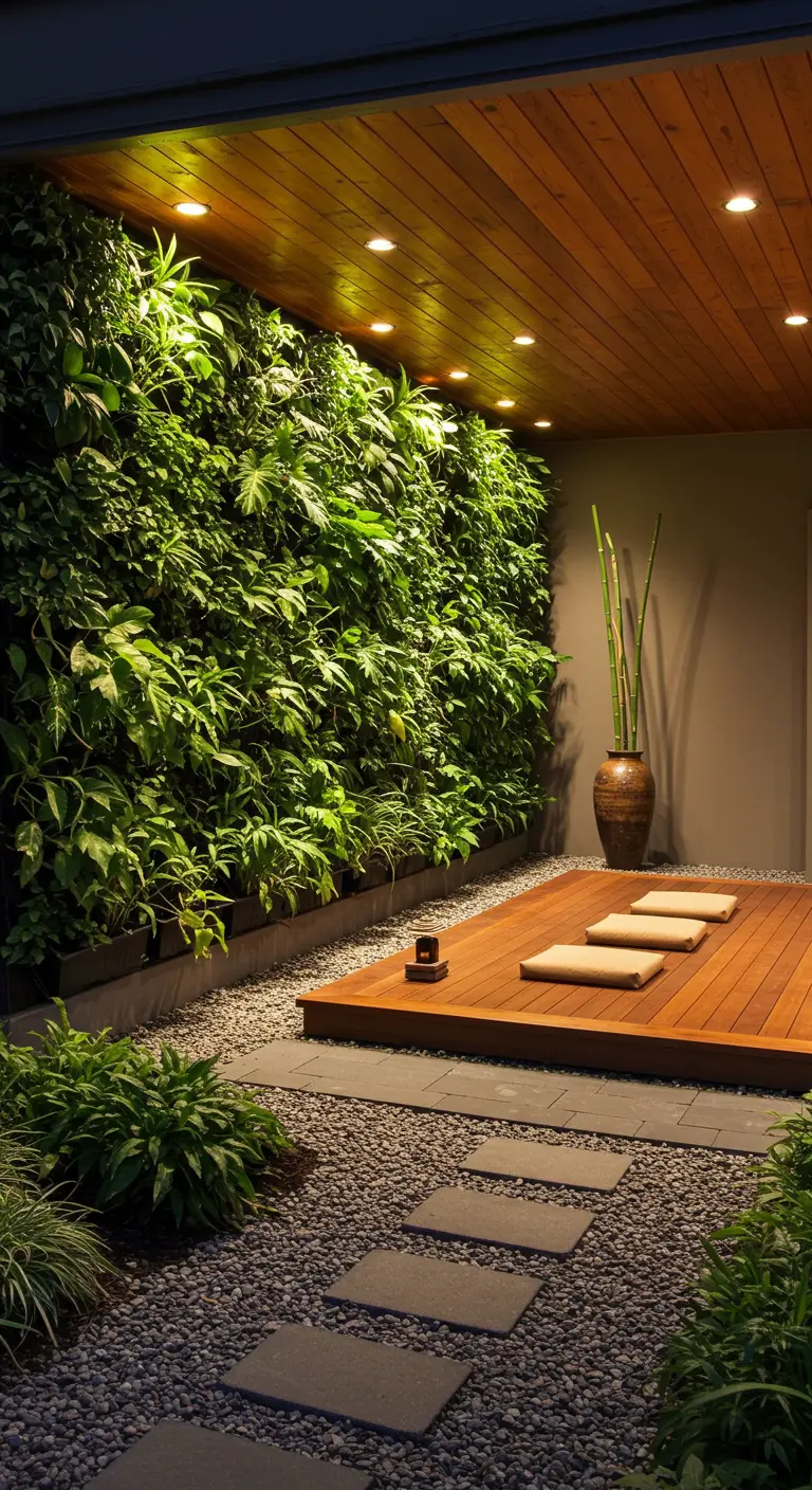 Mur végétal luxuriant avec spots, estrade en bois, coussins, pas japonais et bambous pour ambiance zen.