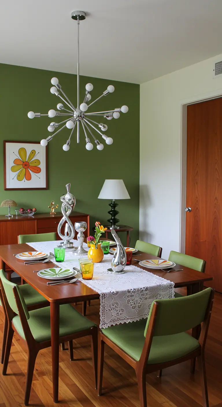 Salle à manger Mid-Century Modern avec lustre Sputnik, table en bois, chemin de table en dentelle.