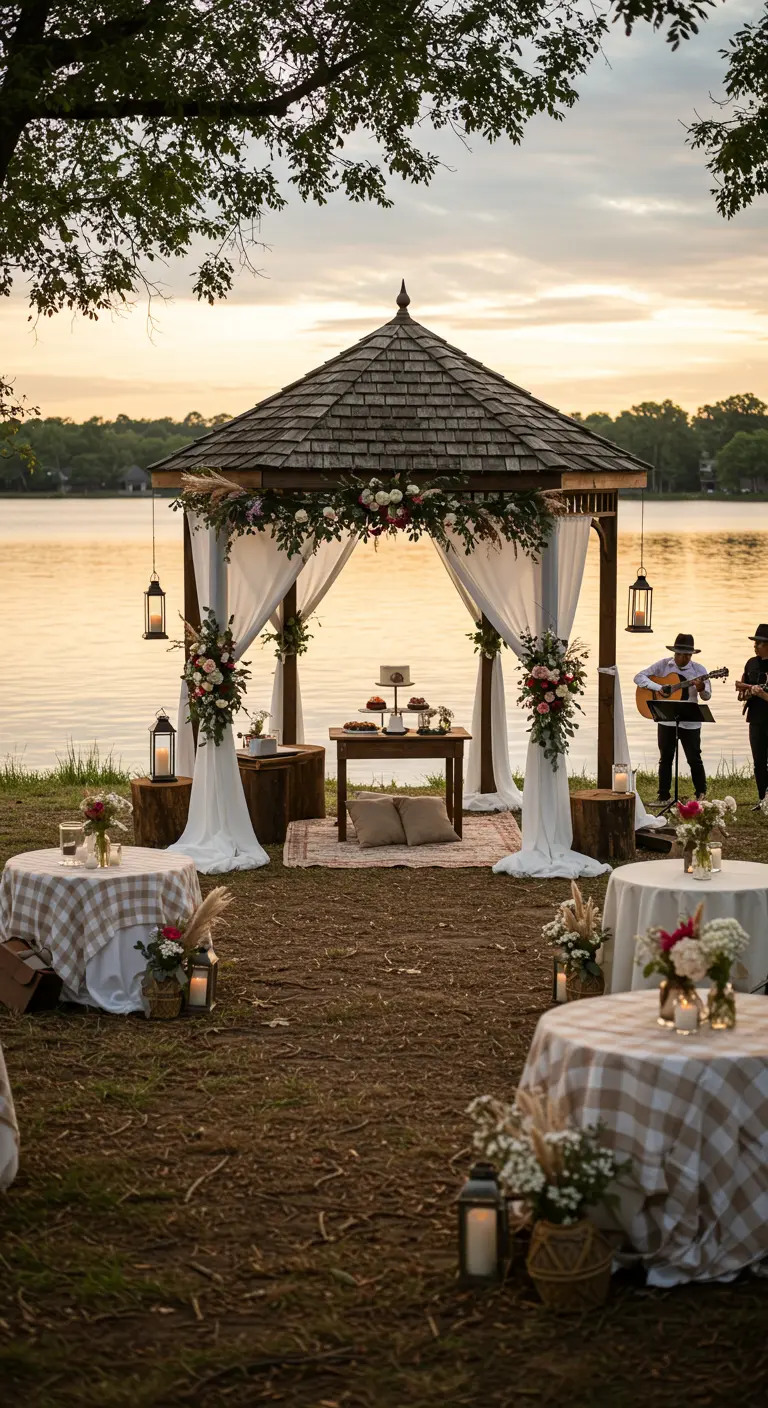 Gazebo fleuri au bord d'un lac, avec tables à carreaux et lanternes pour une célébration.
