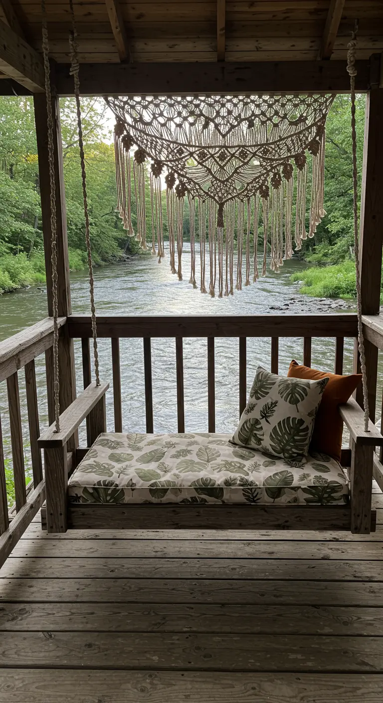 Balançoire en bois sur porche, vue rivière, macramé, coussins feuilles tropicales.
