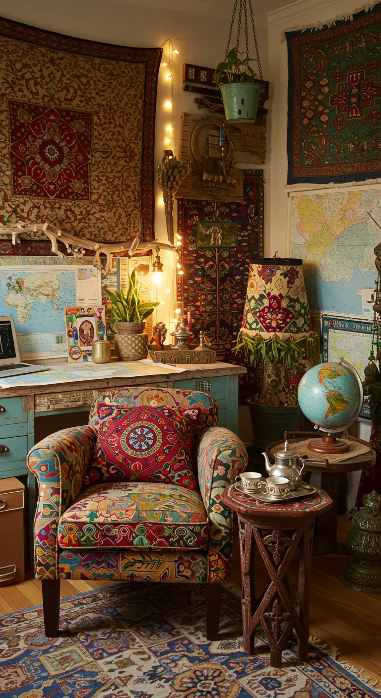 Bureau bohème coloré avec fauteuil ethnique, tapis muraux et objets de voyage.