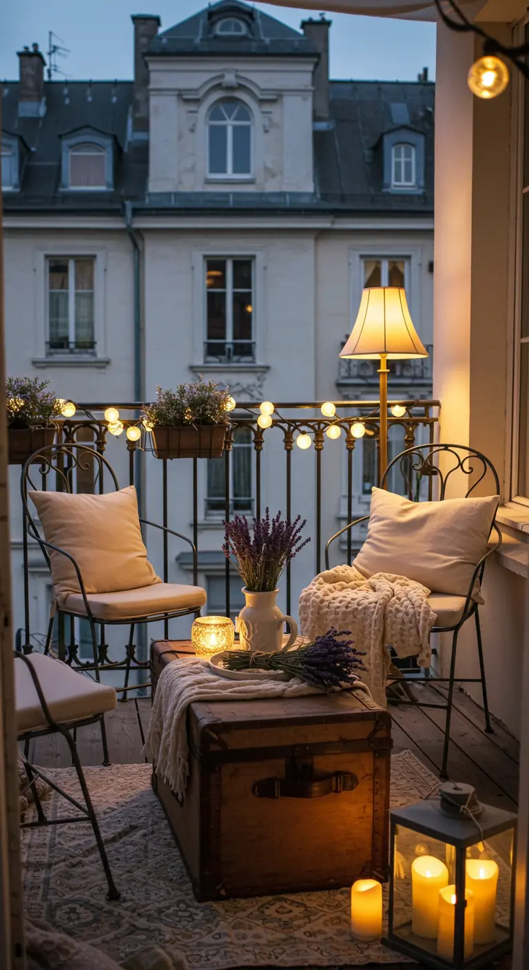 Balcon parisien avec chaises en fer, malle-table, guirlande, lampe, lavande.